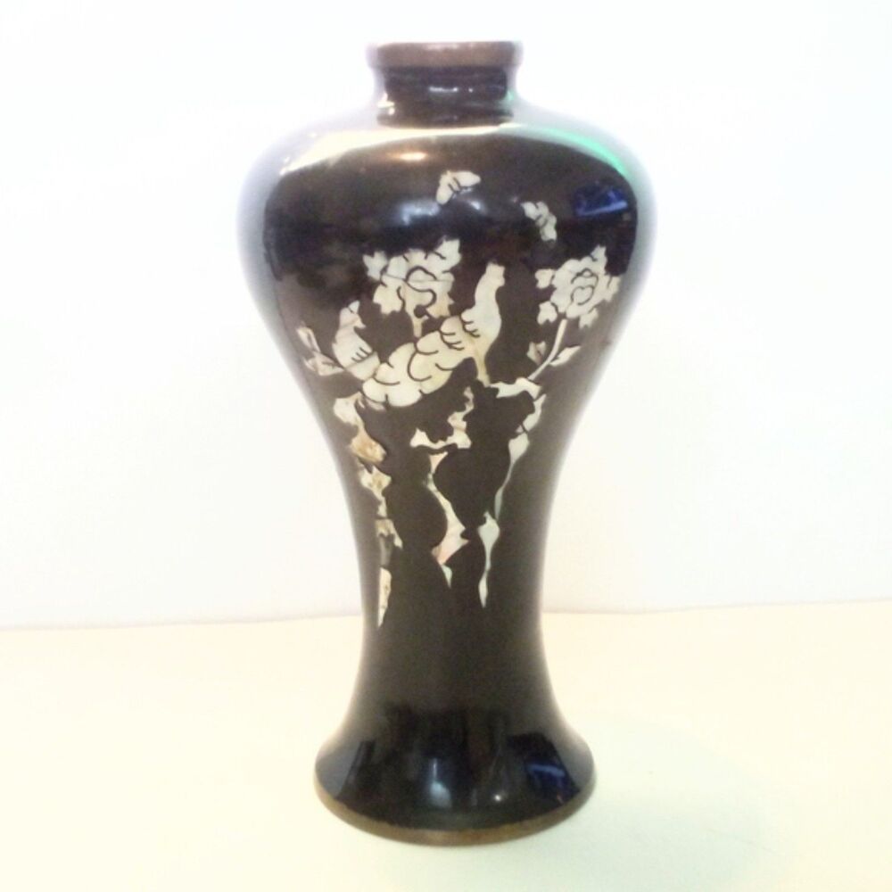 Vintage Navy Blue Enamel Of Brass Bud Vase
